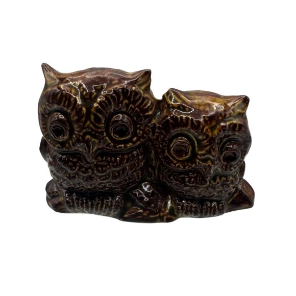 Vintage Double Owl Ceramic Figurine Brown Glazed Art Pottery Home Decor - Picture 1 of 5